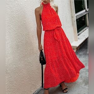 Prettygarden Polka Dot Halter Midi Dress